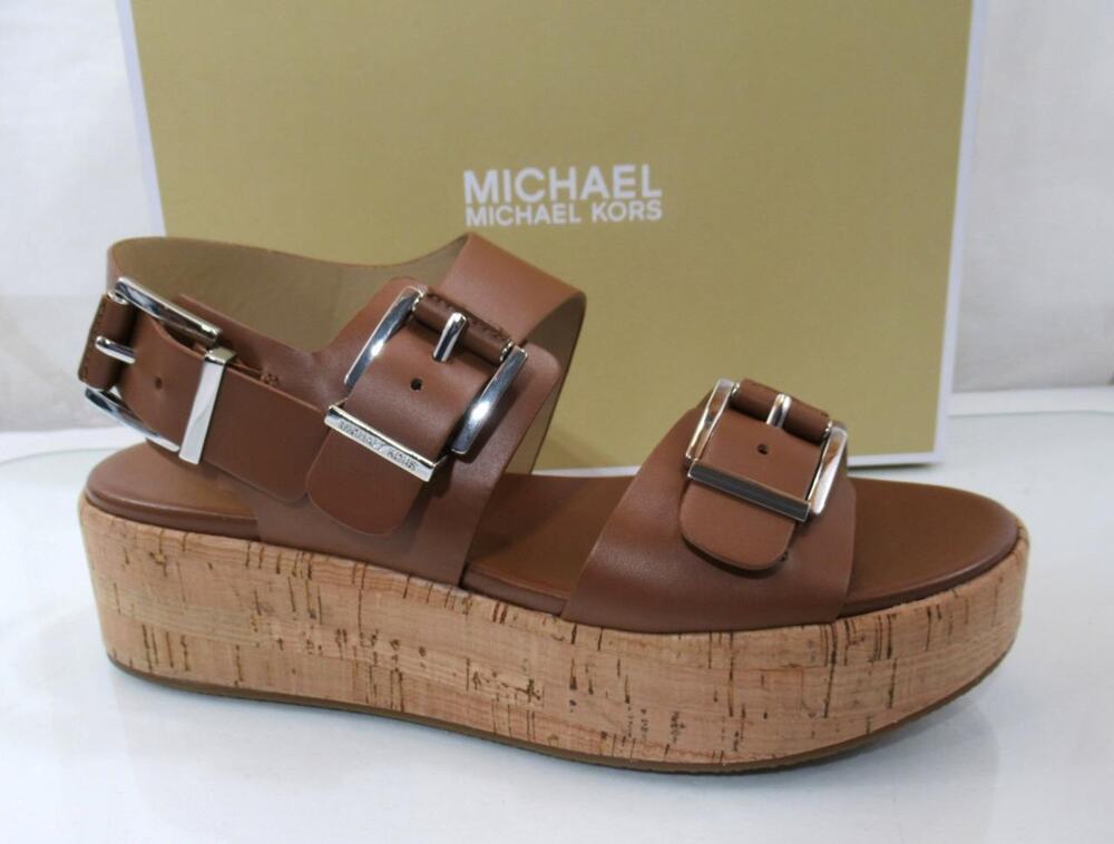 Michael Kors Colby Flatform Wedge Sandal Leather Luggage Light Brown